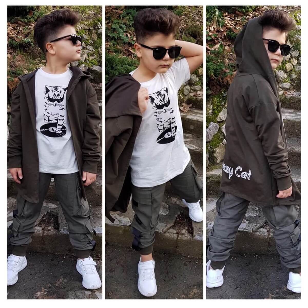 Erkek Çocuk Kedi Figürlü Kargo Pantalonlu Takım-Erkek Çocuk Alt Üst Takım-QuzucukKids.com