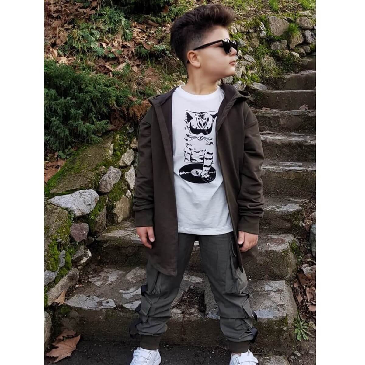 Erkek Çocuk Kedi Figürlü Kargo Pantalonlu Takım-Erkek Çocuk Alt Üst Takım-QuzucukKids.com