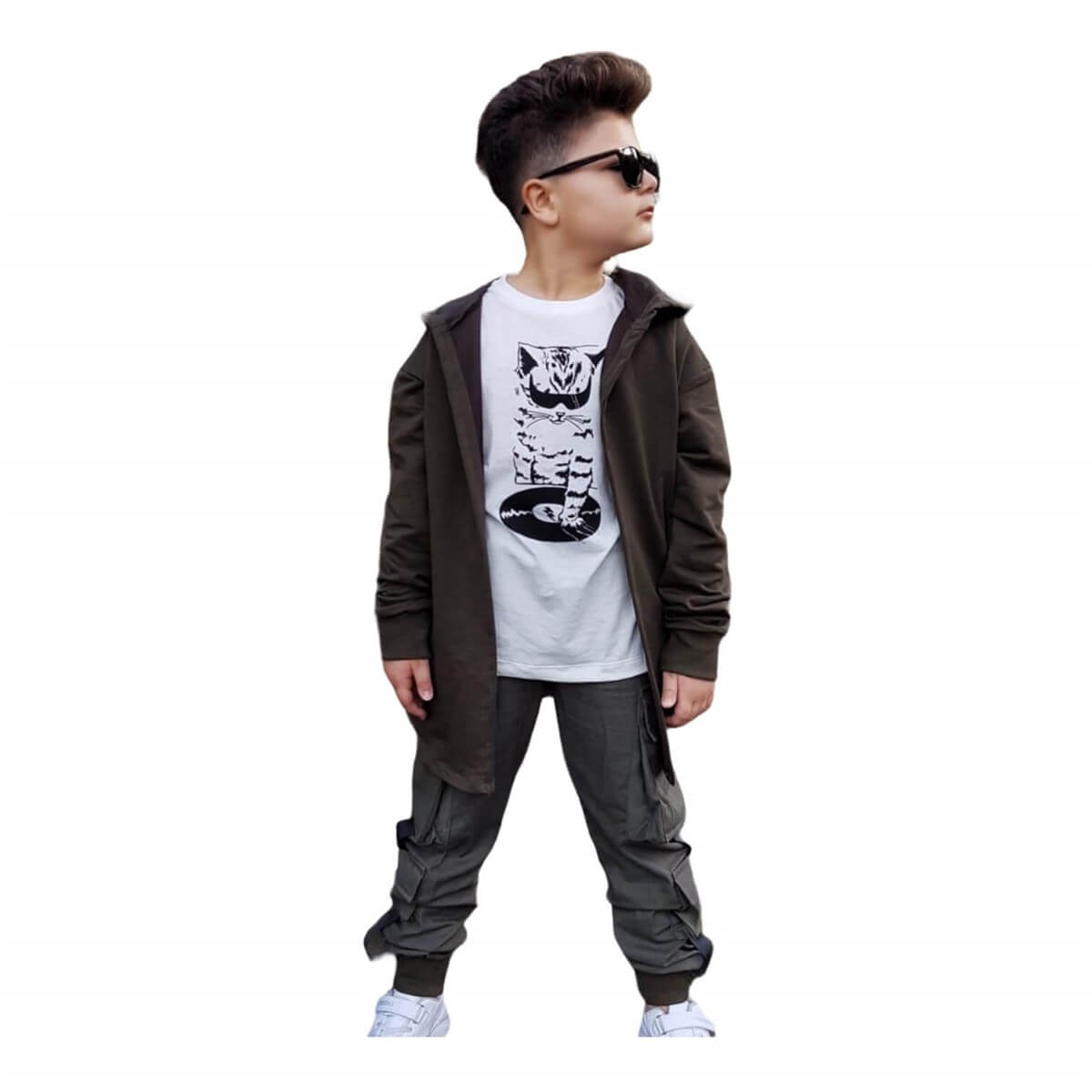 Erkek Çocuk Kedi Figürlü Kargo Pantalonlu Takım-Erkek Çocuk Alt Üst Takım-QuzucukKids.com