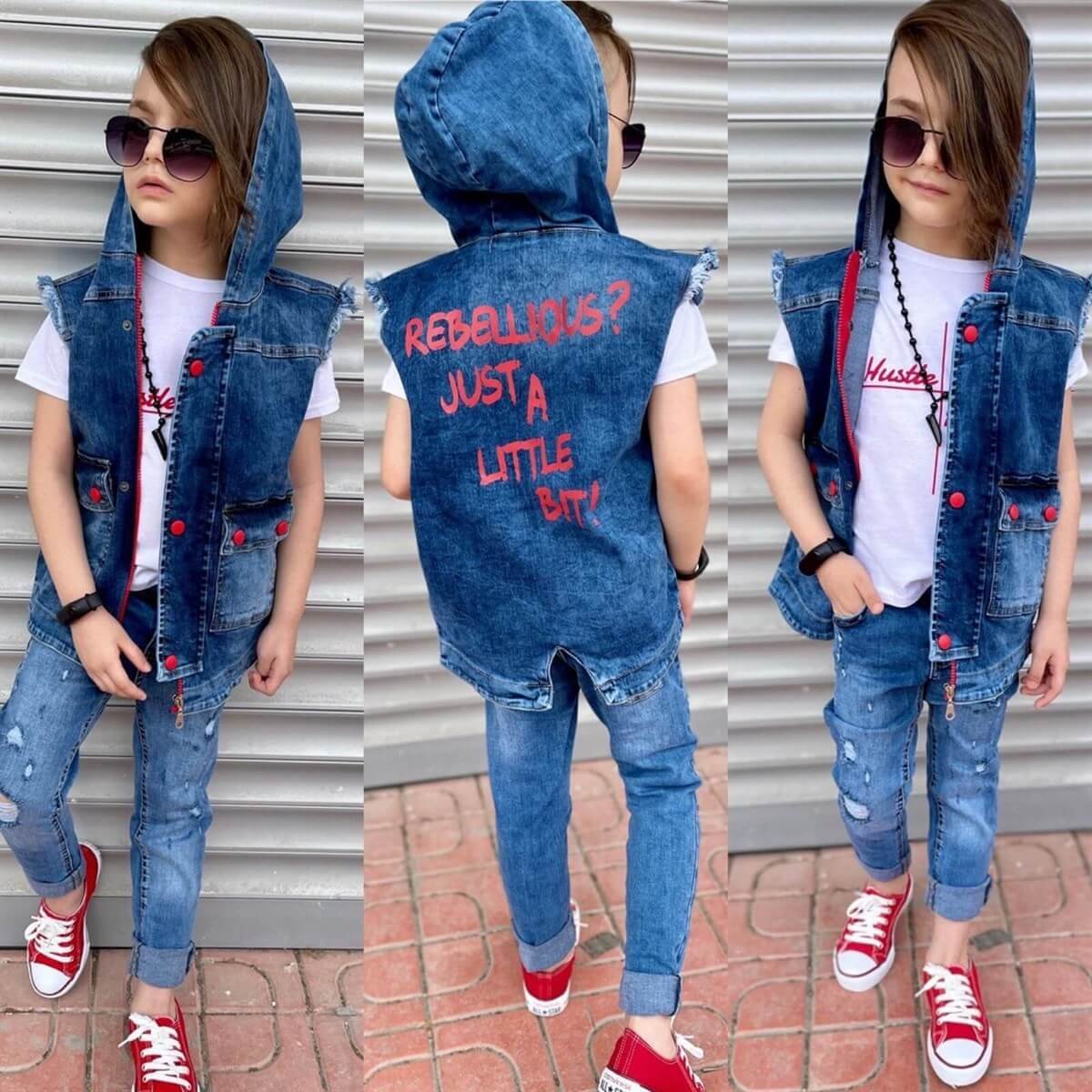 Erkek Çocuk Kot Yelekli Kapşonlu Kırmızı Takım-Erkek Çocuk Alt Üst Takım-QuzucukKids.com