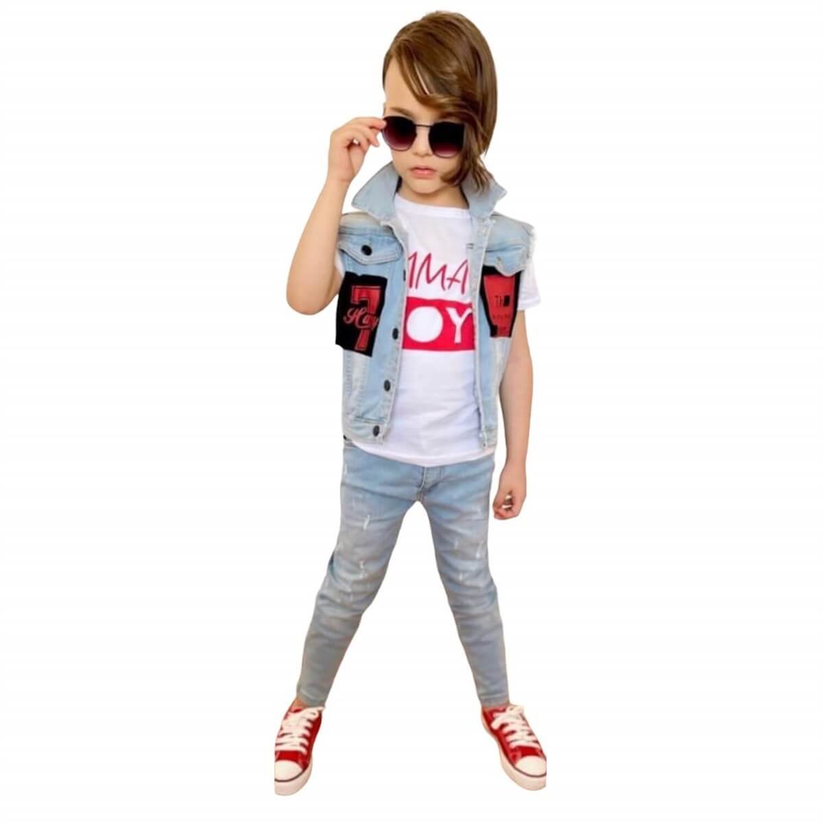 Erkek Çocuk Kot Yelekli Pantolonlu Kırmızı Takım-Erkek Çocuk Alt Üst Takım-QuzucukKids.com