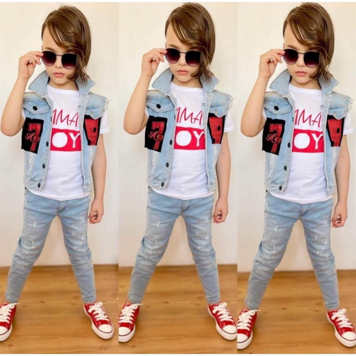 Erkek Çocuk Kot Yelekli Pantolonlu Kırmızı Takım-Erkek Çocuk Alt Üst Takım-QuzucukKids.com