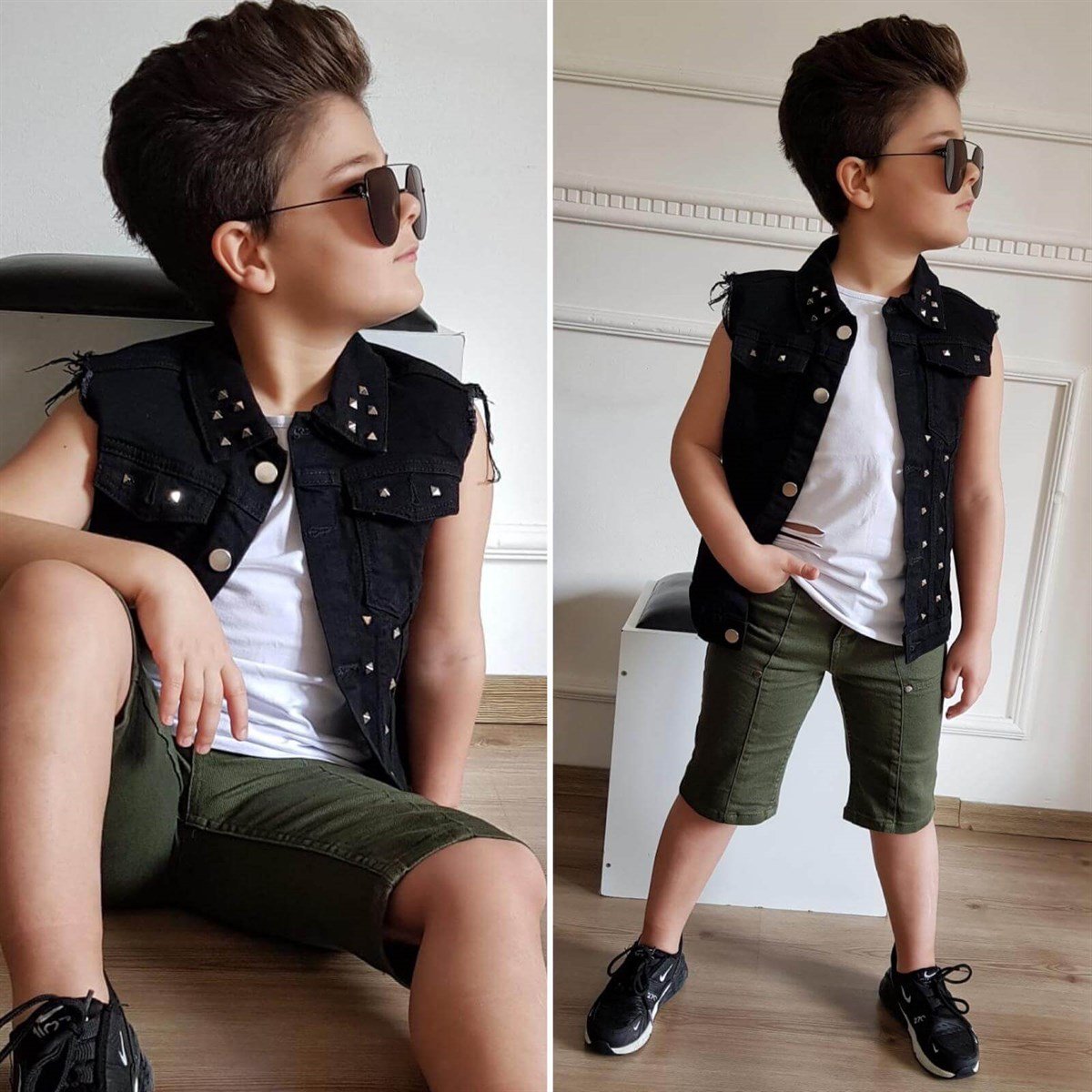 Erkek Çocuk Kot Yelekli Şort Takım-Erkek Çocuk Alt Üst Takım-QuzucukKids.com