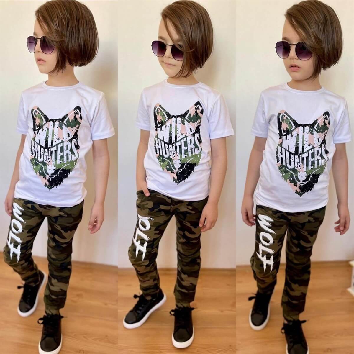 Erkek Çocuk Kurt Figürlü Beyaz Kombin-Erkek Çocuk Alt Üst Takım-QuzucukKids.com