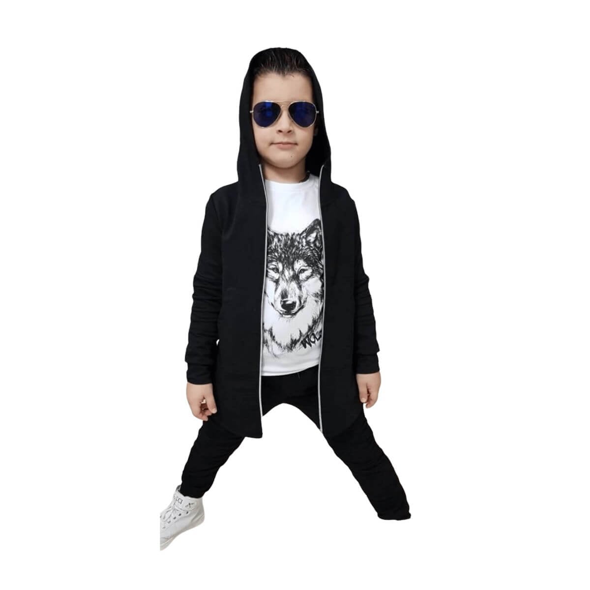 Erkek Çocuk Kurt Figürlü Siyah Takım-Erkek Çocuk Alt Üst Takım-QuzucukKids.com
