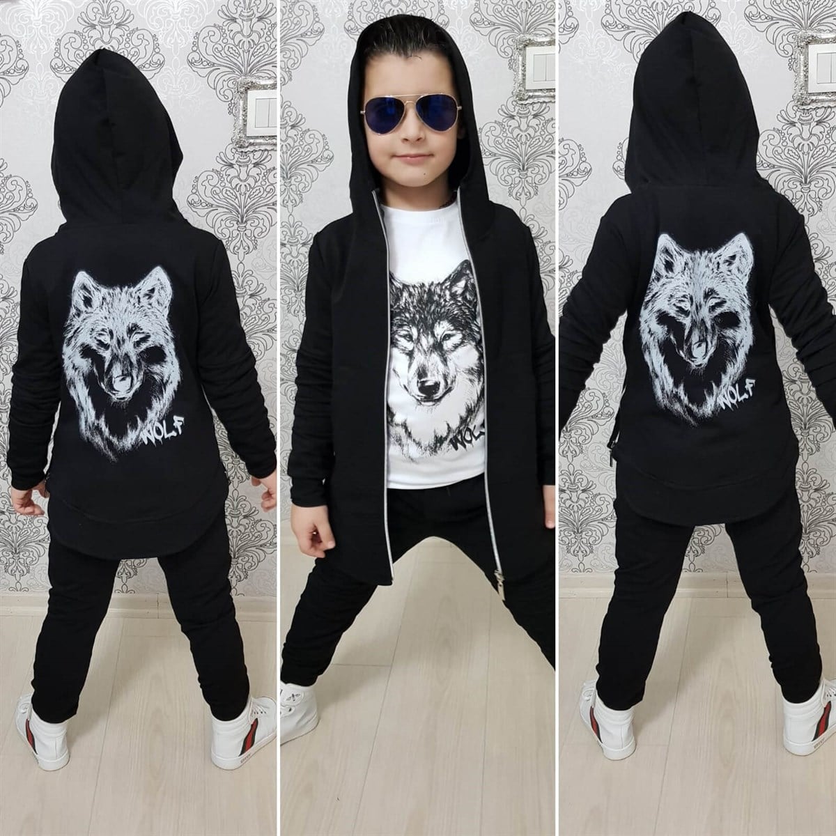 Erkek Çocuk Kurt Figürlü Siyah Takım-Erkek Çocuk Alt Üst Takım-QuzucukKids.com