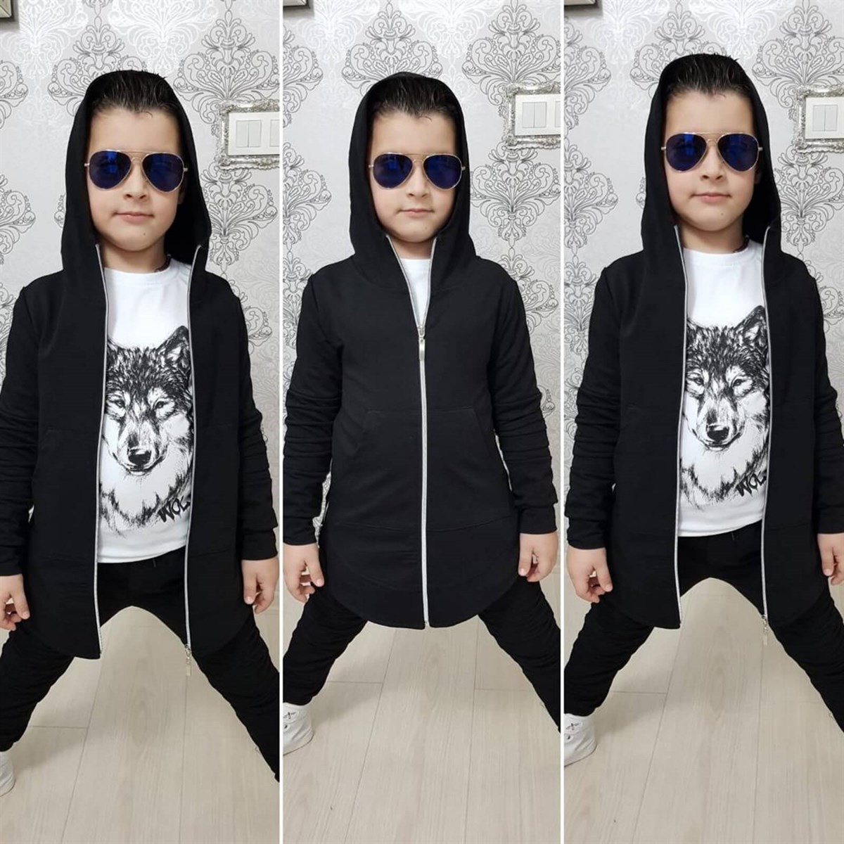 Erkek Çocuk Kurt Figürlü Siyah Takım-Erkek Çocuk Alt Üst Takım-QuzucukKids.com