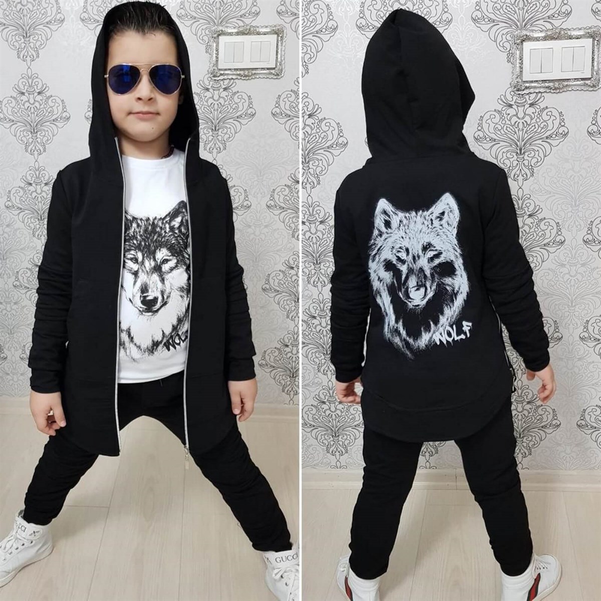 Erkek Çocuk Kurt Figürlü Siyah Takım-Erkek Çocuk Alt Üst Takım-QuzucukKids.com