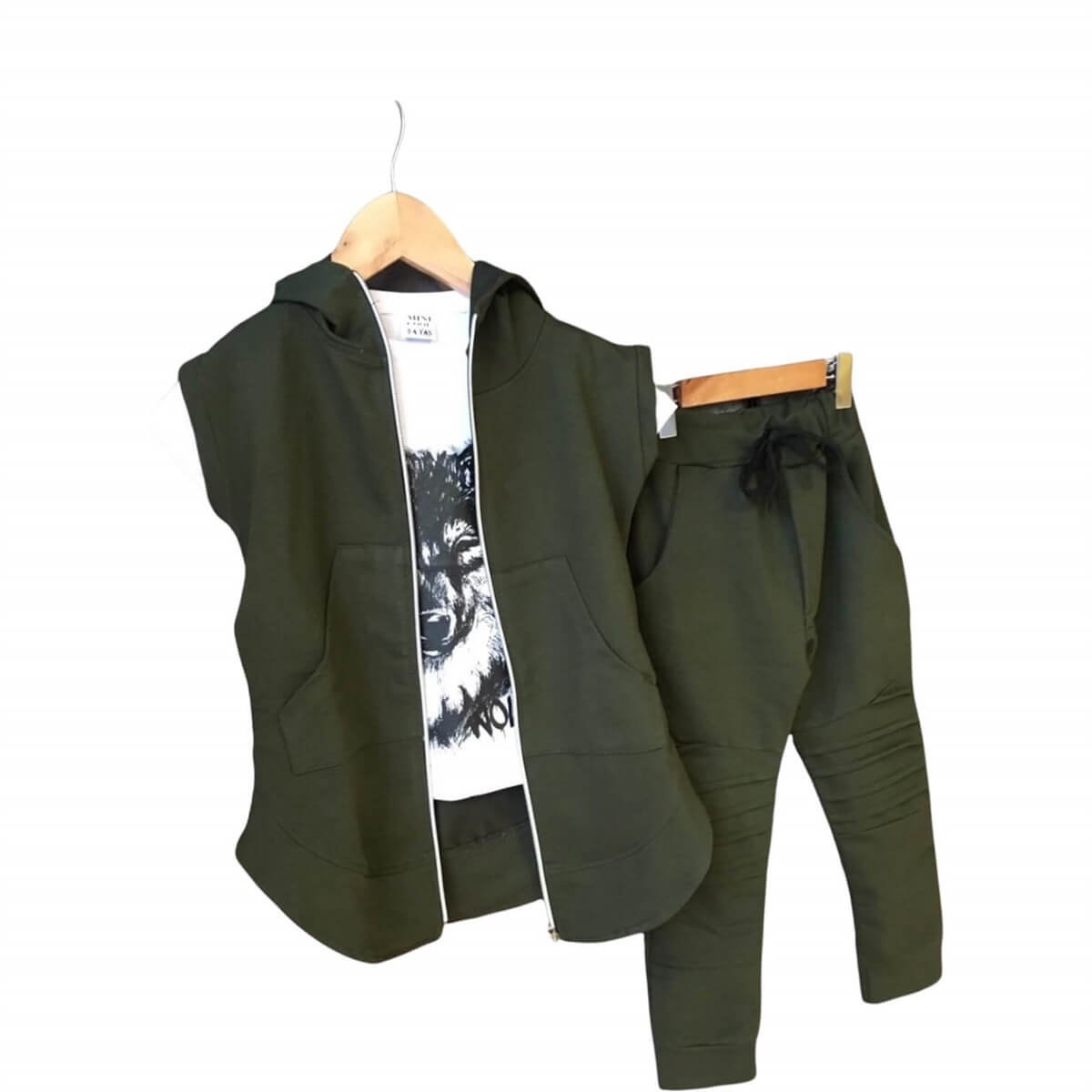 Erkek Çocuk Kurt Figürlü Yelekli Spor Takım-Kid Boy Cloth Sets-QuzucukKids.com