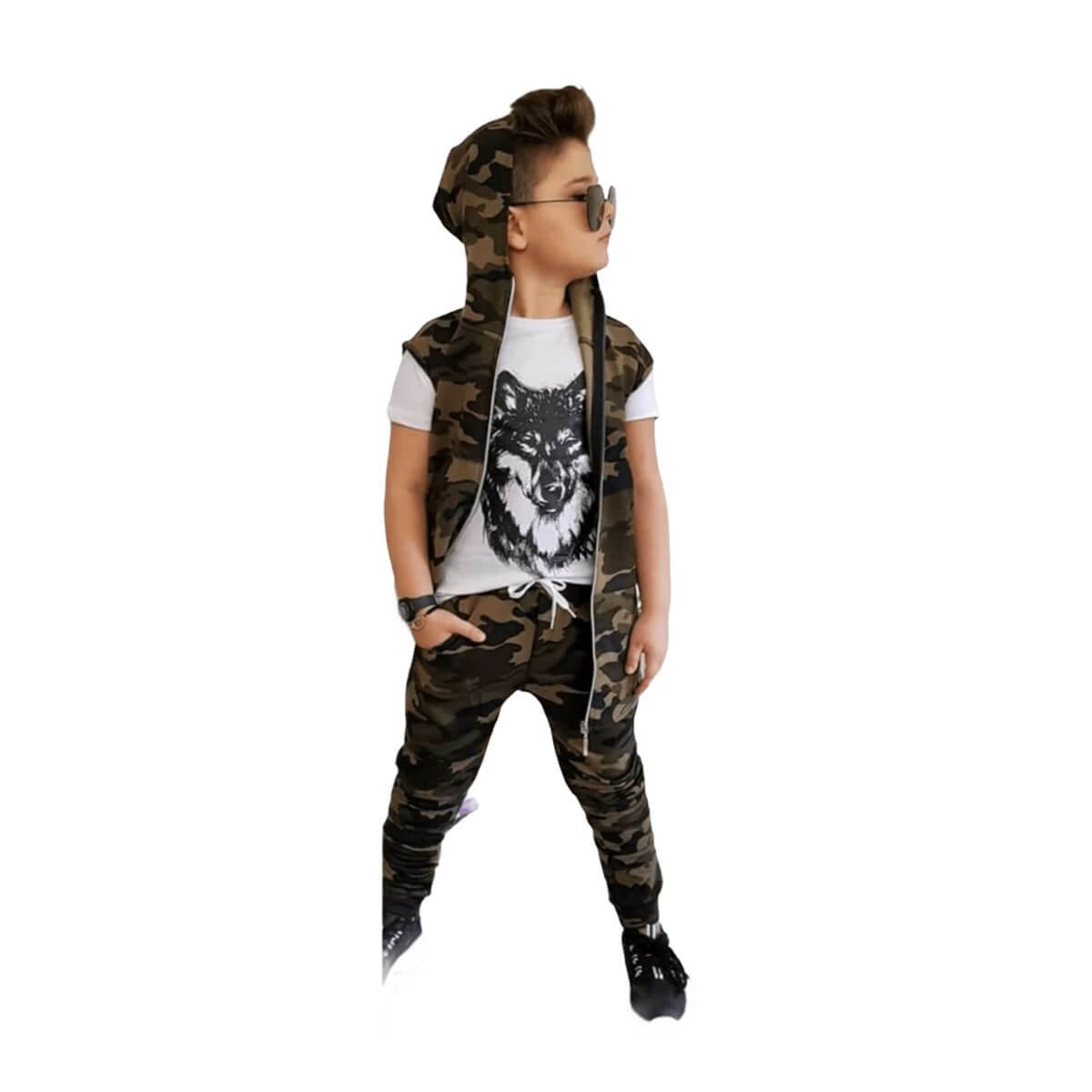 Erkek Çocuk Kurt Figürlü Yelekli Spor Takım-Kid Boy Cloth Sets-QuzucukKids.com