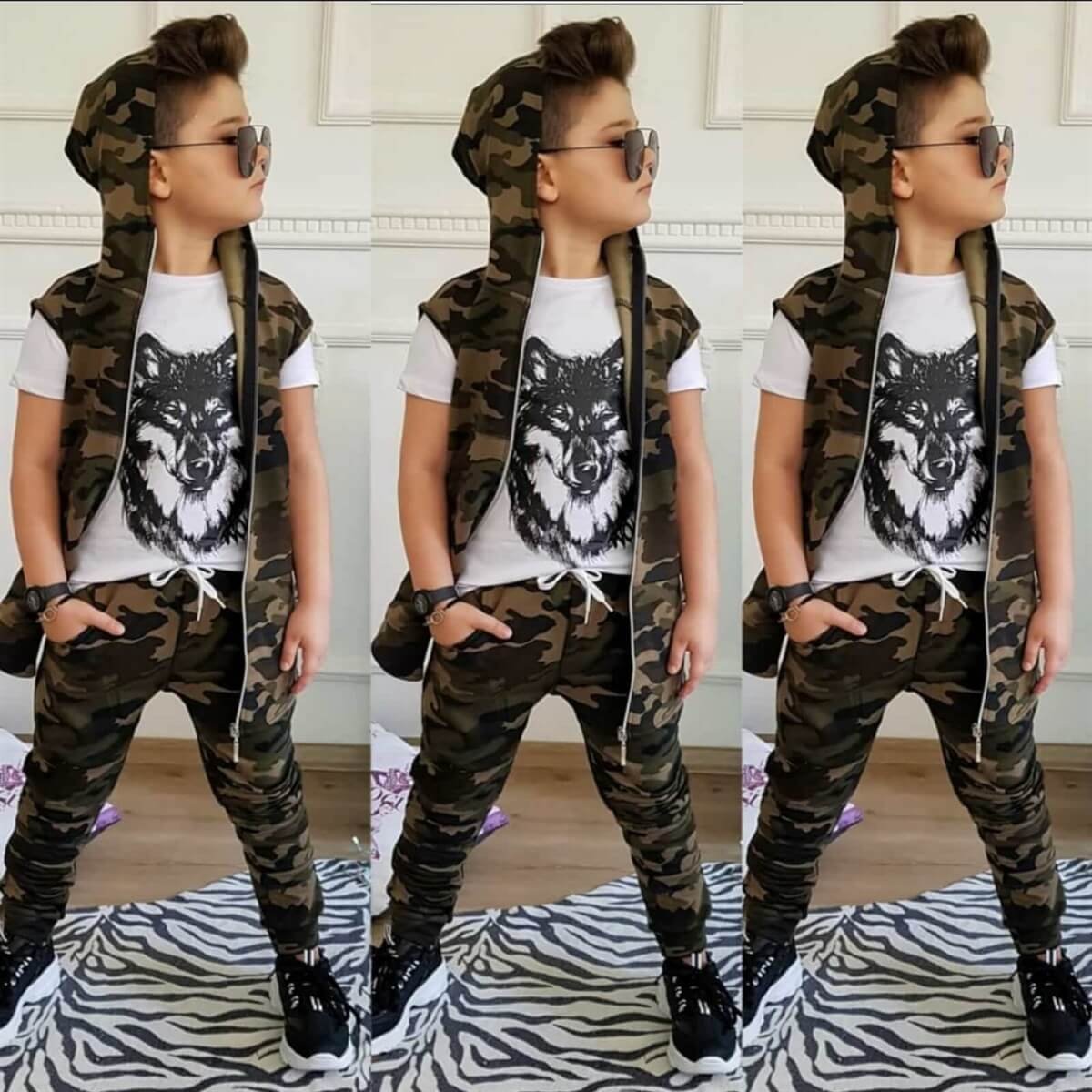 Erkek Çocuk Kurt Figürlü Yelekli Spor Takım-Kid Boy Cloth Sets-QuzucukKids.com