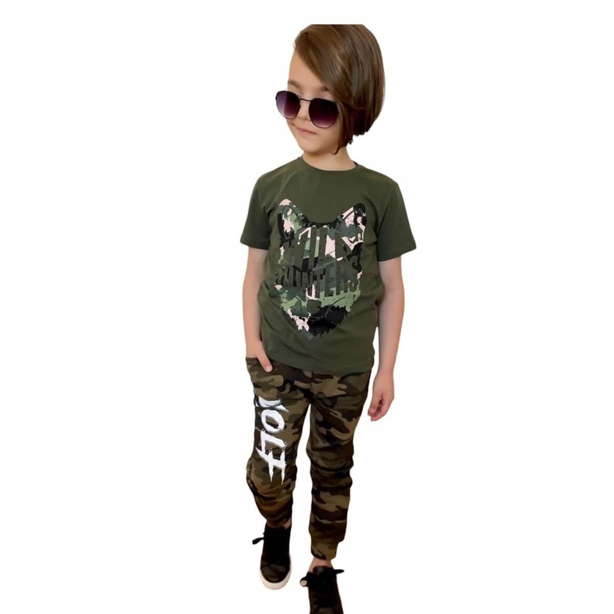 Erkek Çocuk Kurt Figürlü Yeşil Kombin-Erkek Çocuk Alt Üst Takım-QuzucukKids.com