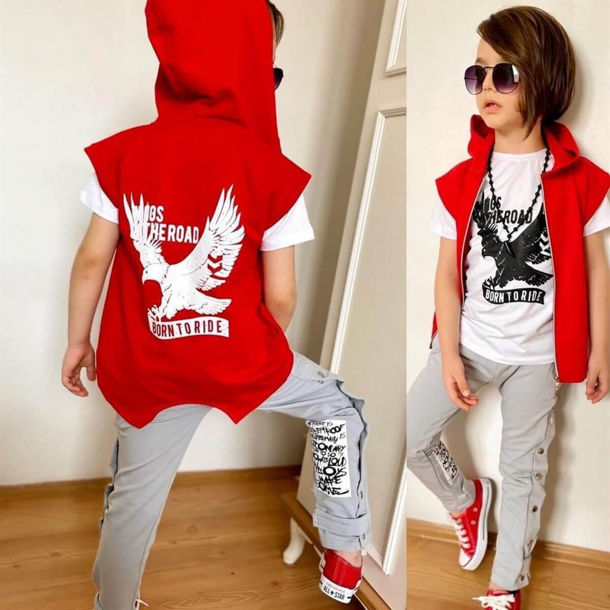 Erkek Çocuk Kuş Figürlü Kırmızı Yelekli Takım-Erkek Çocuk Alt Üst Takım-QuzucukKids.com