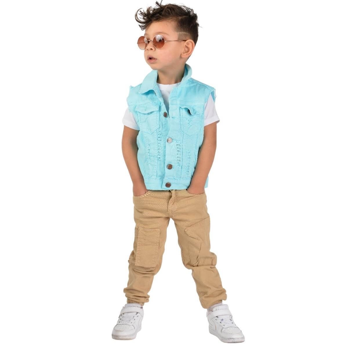 Erkek Çocuk Turkuaz Kot Yelekli Takım-Erkek Çocuk Alt Üst Takım-QuzucukKids.com