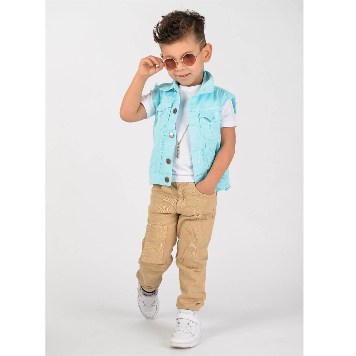 Erkek Çocuk Turkuaz Kot Yelekli Takım-Erkek Çocuk Alt Üst Takım-QuzucukKids.com