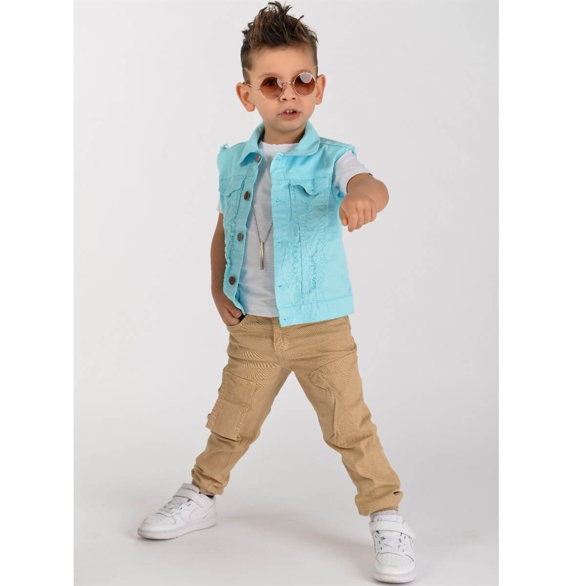 Erkek Çocuk Turkuaz Kot Yelekli Takım-Erkek Çocuk Alt Üst Takım-QuzucukKids.com