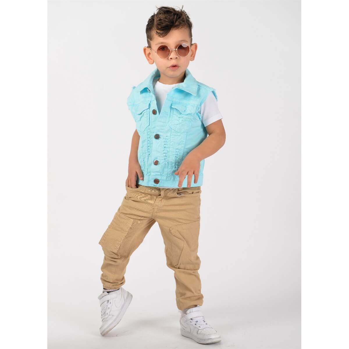 Erkek Çocuk Turkuaz Kot Yelekli Takım-Erkek Çocuk Alt Üst Takım-QuzucukKids.com