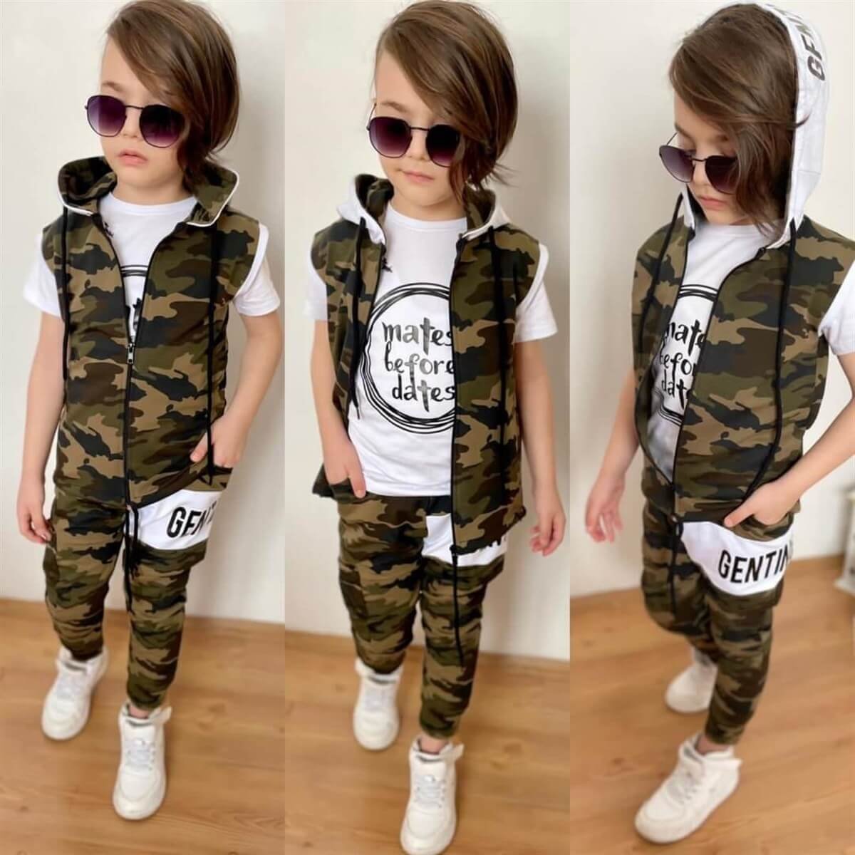Erkek Çocuk Yelekli Kamuflaj Beyaz Tarz Takım-Erkek Çocuk Alt Üst Takım-QuzucukKids.com