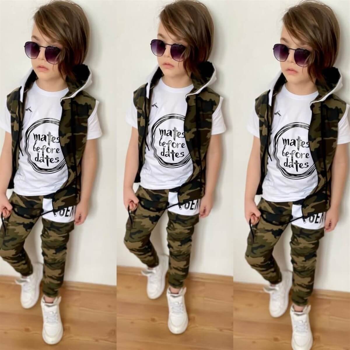Erkek Çocuk Yelekli Kamuflaj Beyaz Tarz Takım-Erkek Çocuk Alt Üst Takım-QuzucukKids.com