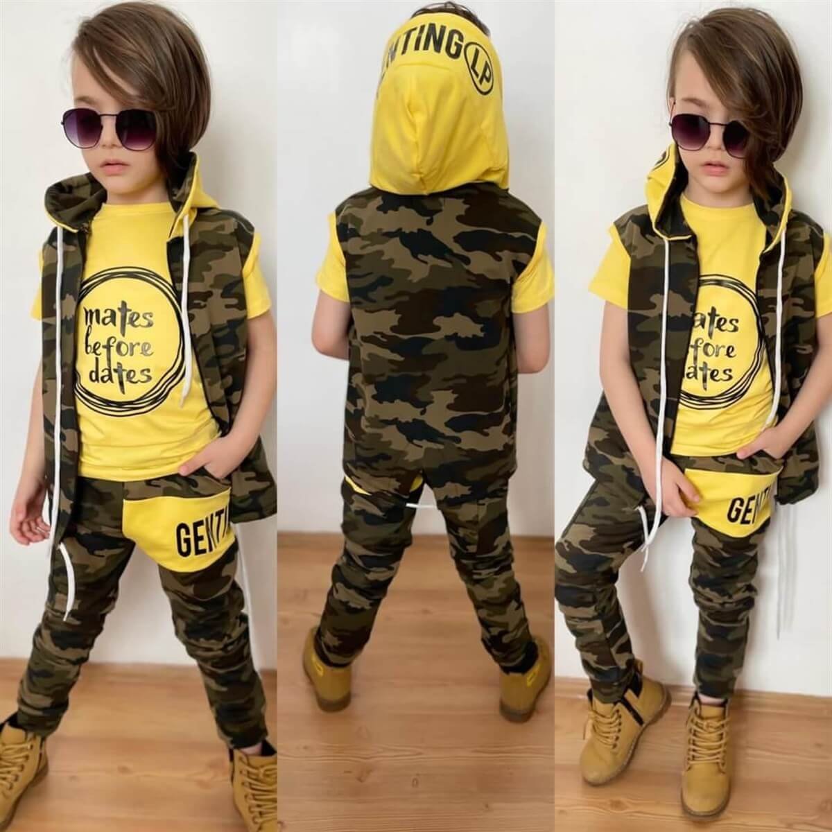 Erkek Çocuk Yelekli Kamuflaj Sarı Spor Takım-Erkek Çocuk Alt Üst Takım-QuzucukKids.com