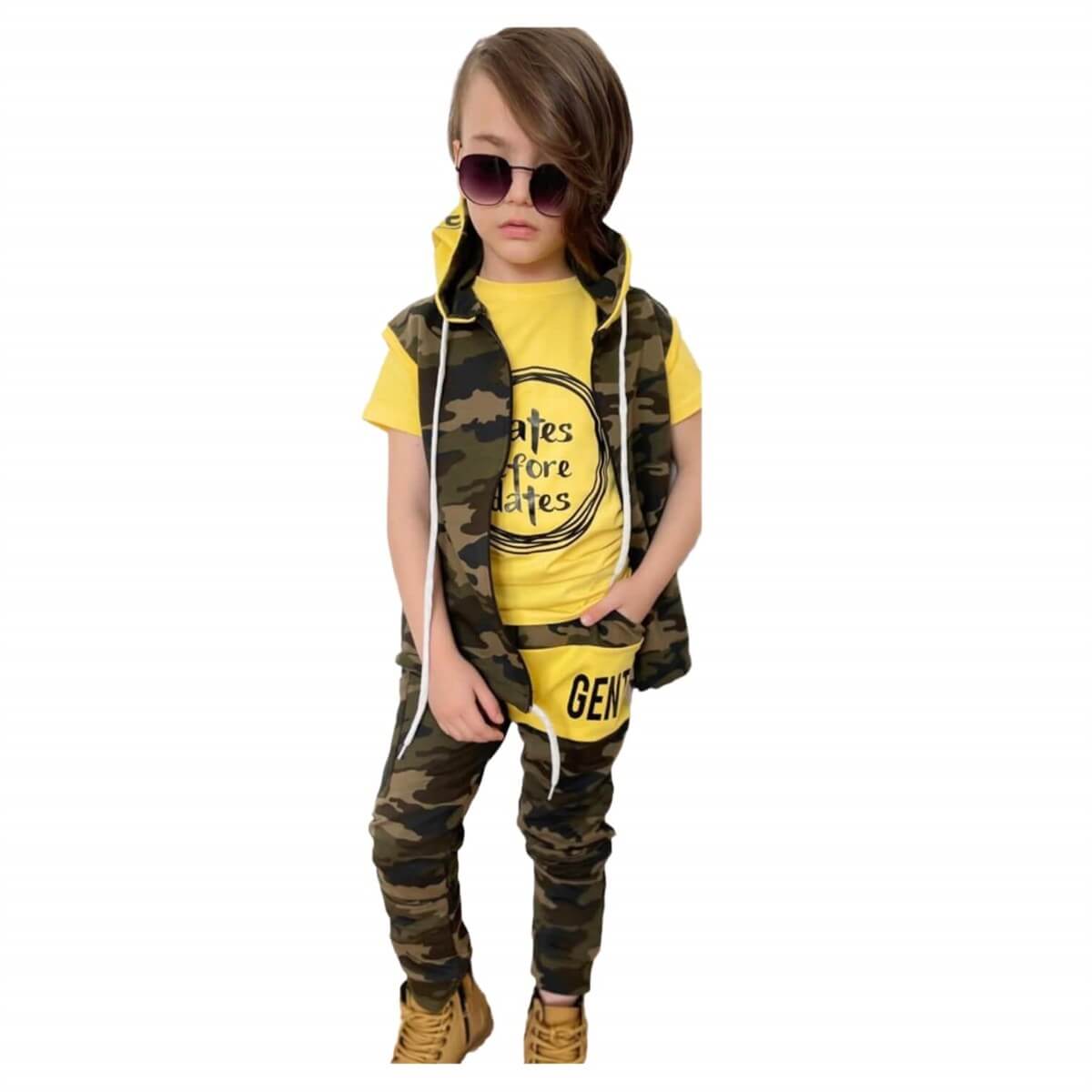 Erkek Çocuk Yelekli Kamuflaj Sarı Spor Takım-Erkek Çocuk Alt Üst Takım-QuzucukKids.com