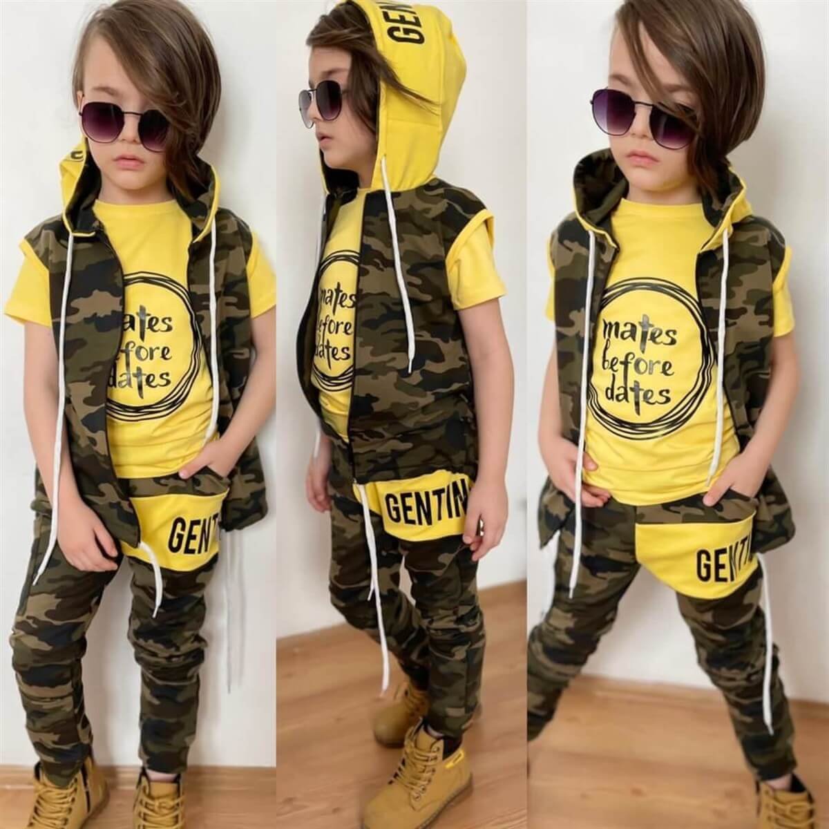 Erkek Çocuk Yelekli Kamuflaj Sarı Spor Takım-Erkek Çocuk Alt Üst Takım-QuzucukKids.com