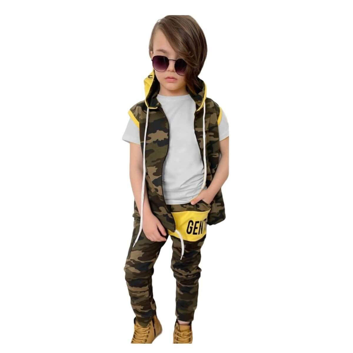 Erkek Çocuk Yelekli Kamuflaj Sarı Takım-Erkek Çocuk Alt Üst Takım-QuzucukKids.com