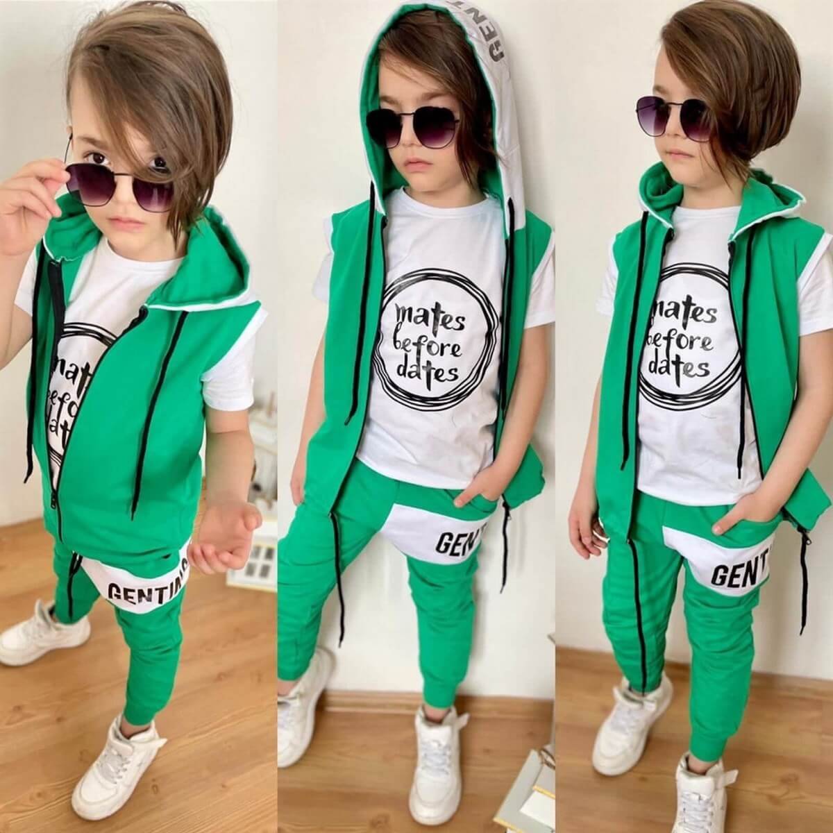 Erkek Çocuk Yelekli Yeşil Takım-Erkek Çocuk Alt Üst Takım-QuzucukKids.com