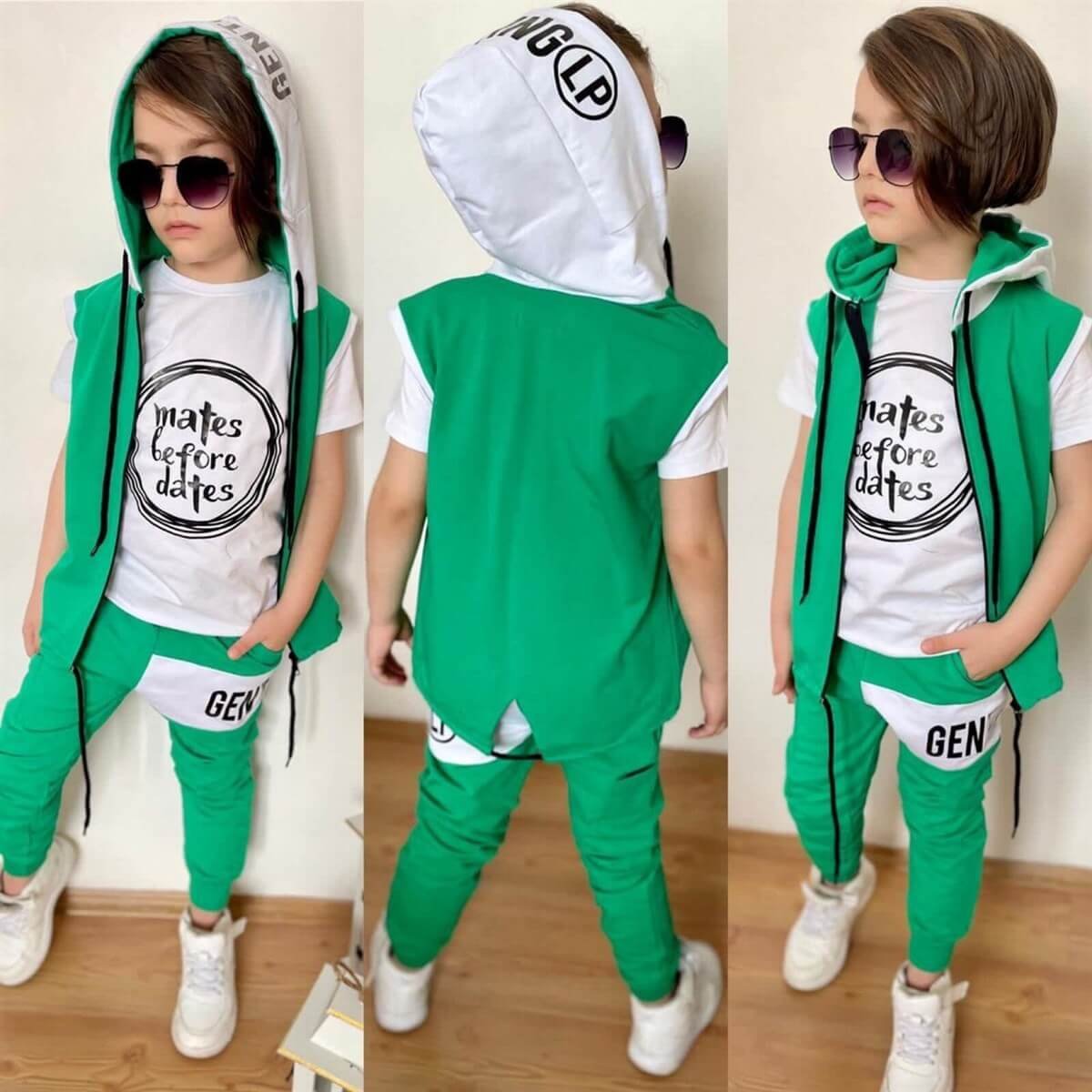 Erkek Çocuk Yelekli Yeşil Takım-Erkek Çocuk Alt Üst Takım-QuzucukKids.com