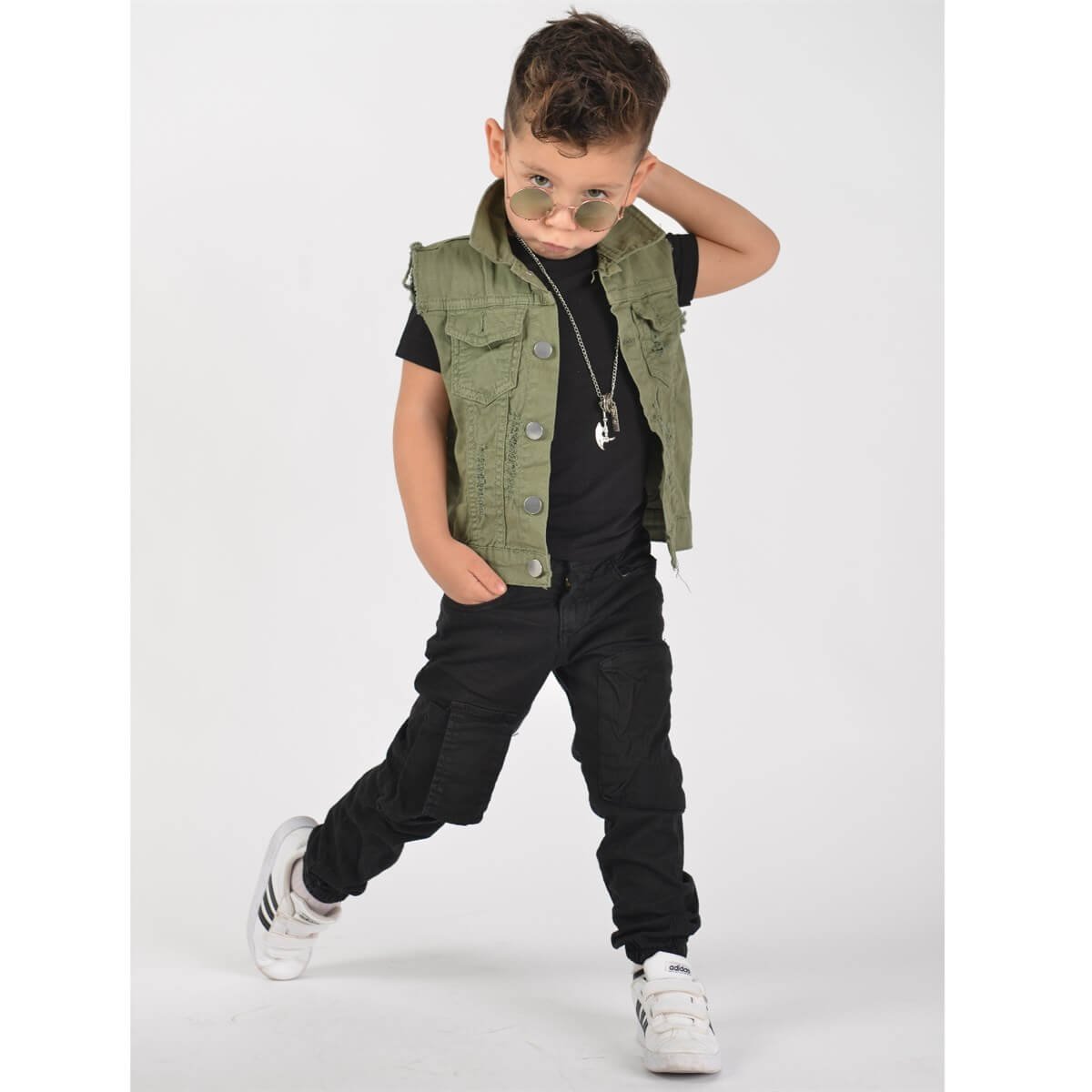 Erkek Çocuk Yeşil Kot Yelekli Takım-Erkek Çocuk Alt Üst Takım-QuzucukKids.com