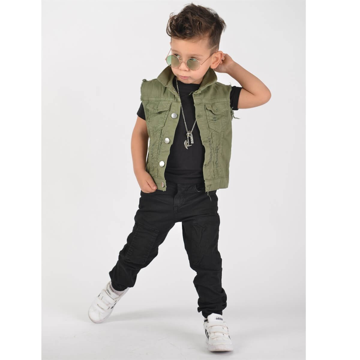 Erkek Çocuk Yeşil Kot Yelekli Takım-Erkek Çocuk Alt Üst Takım-QuzucukKids.com