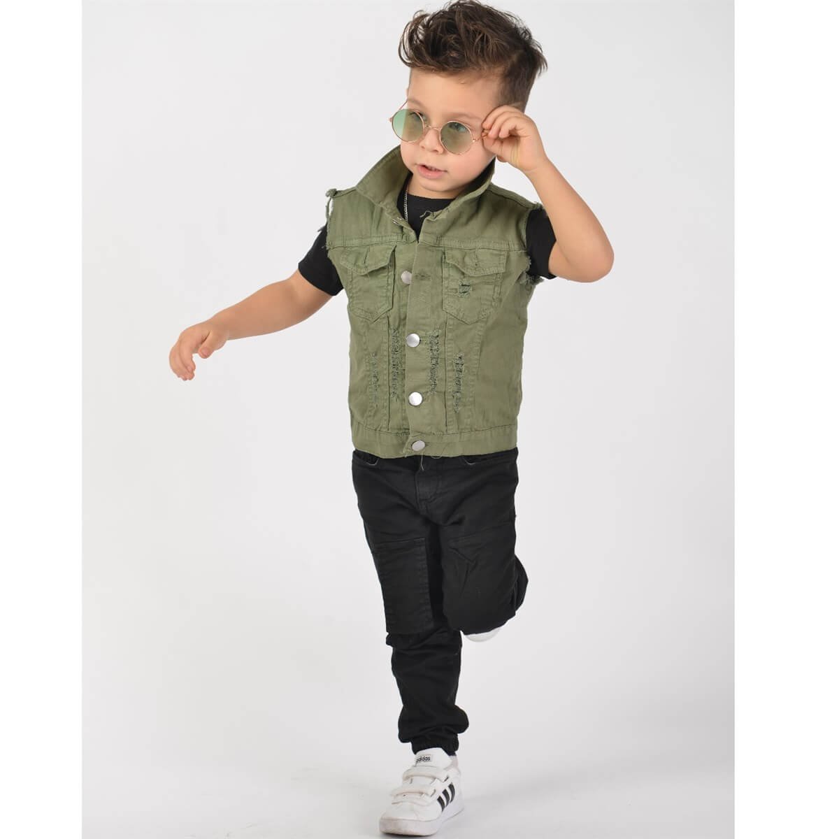 Erkek Çocuk Yeşil Kot Yelekli Takım-Erkek Çocuk Alt Üst Takım-QuzucukKids.com