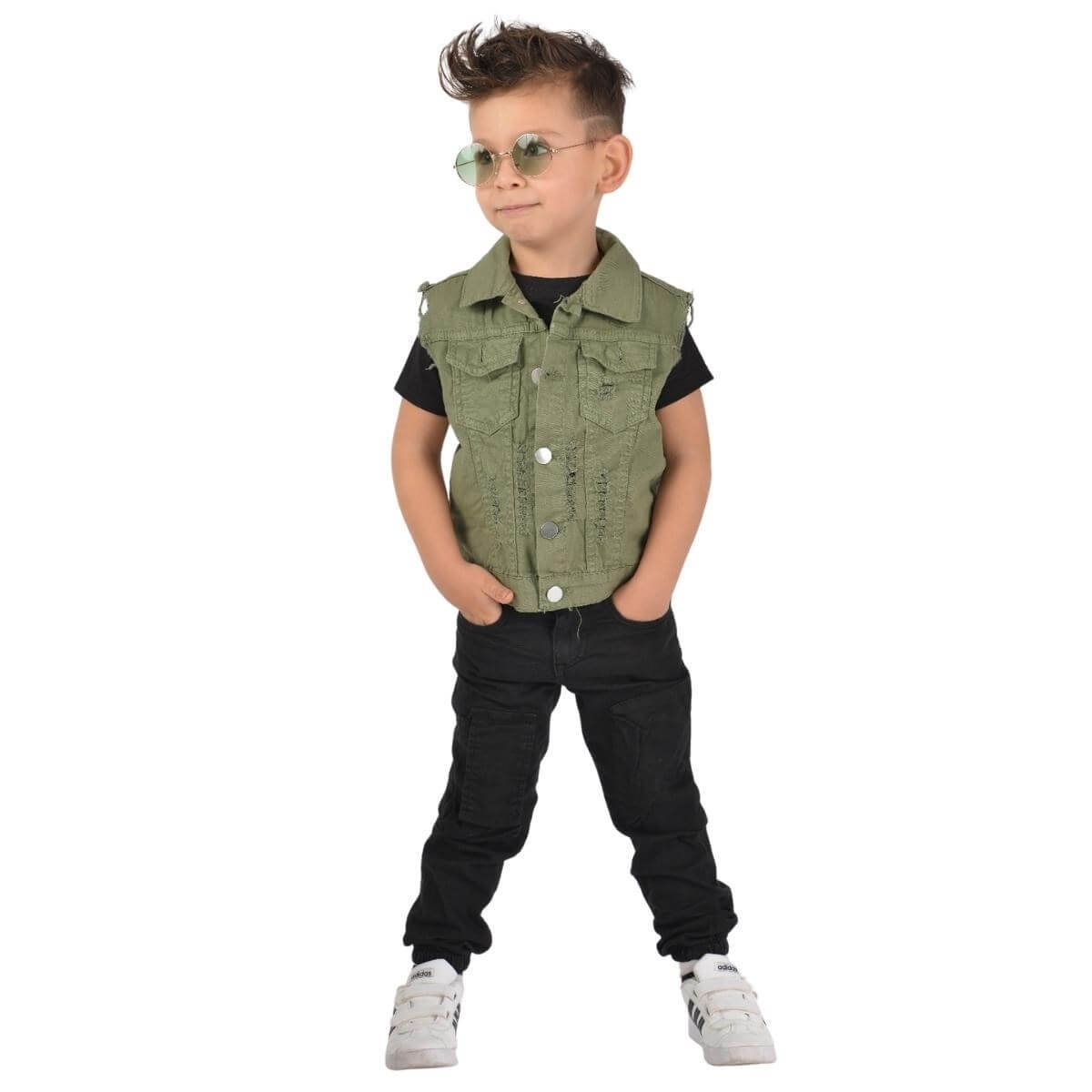 Erkek Çocuk Yeşil Kot Yelekli Takım-Erkek Çocuk Alt Üst Takım-QuzucukKids.com