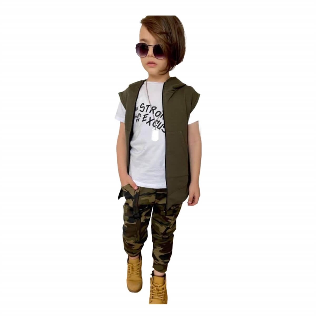 Erkek Çocuk Yeşil Yelekli Kamuflajlı Spor Takım-Kid Boy Cloth Sets-QuzucukKids.com