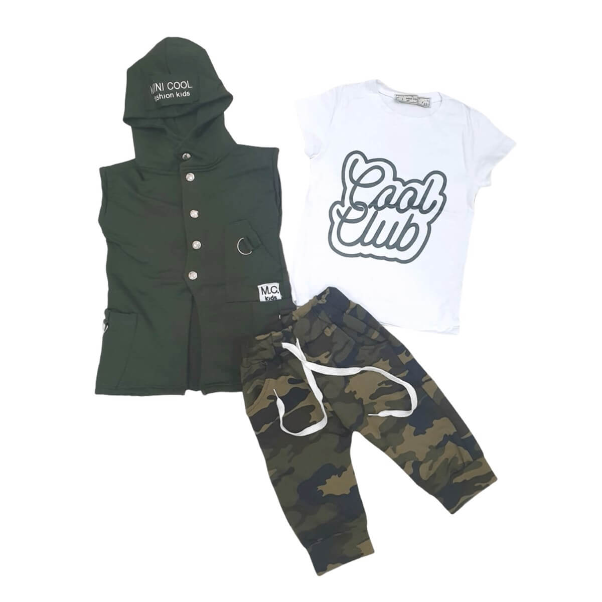 Erkek Çocuk Zincir Detaylı Kaprili Kamuflaj Takım-Erkek Çocuk Alt Üst Takım-QuzucukKids.com