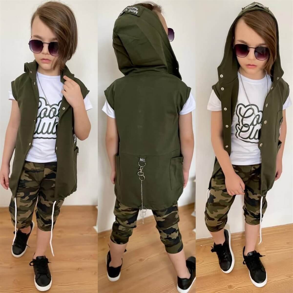 Erkek Çocuk Zincir Detaylı Kaprili Kamuflaj Takım-Erkek Çocuk Alt Üst Takım-QuzucukKids.com