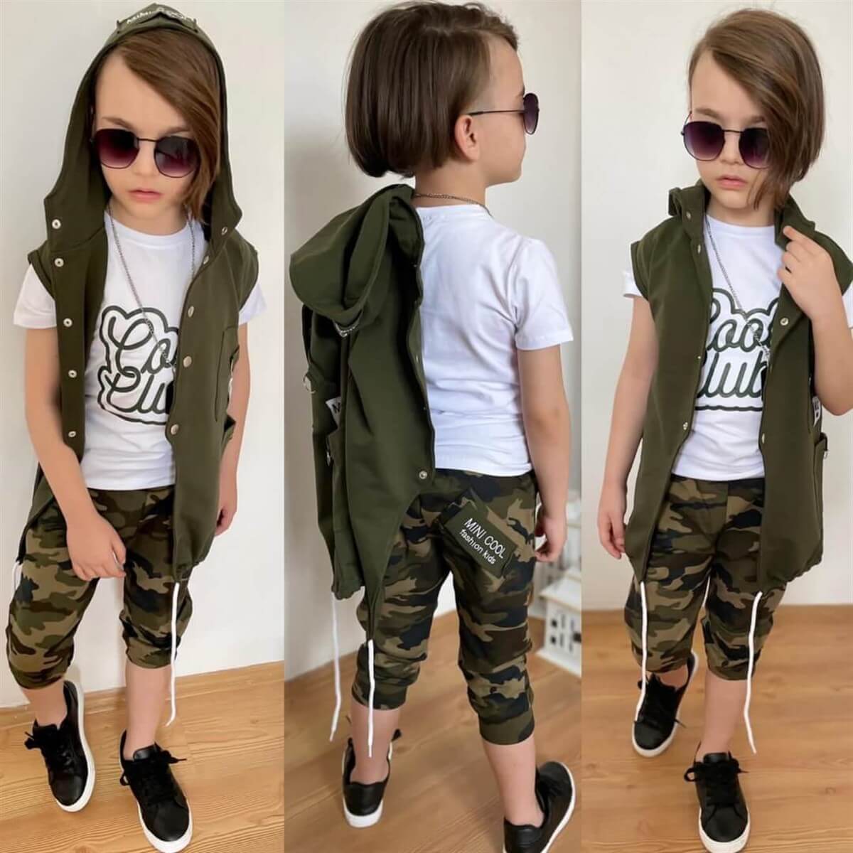 Erkek Çocuk Zincir Detaylı Kaprili Kamuflaj Takım-Erkek Çocuk Alt Üst Takım-QuzucukKids.com