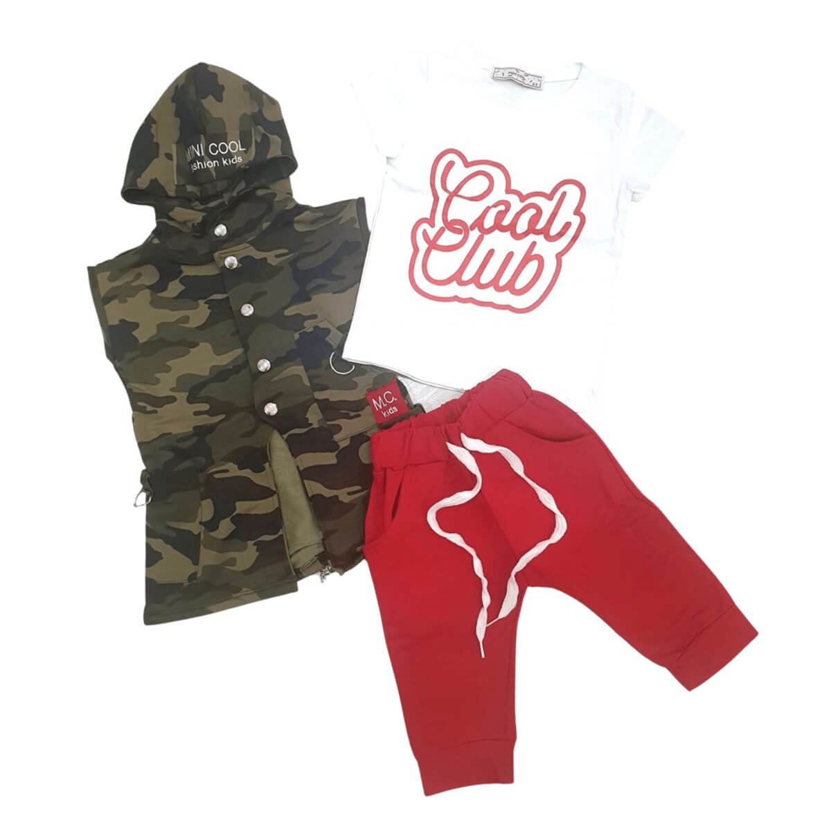 Erkek Çocuk Zincir Detaylı Kırmızı Kaprili Kamuflaj Takım-Erkek Çocuk Alt Üst Takım-QuzucukKids.com