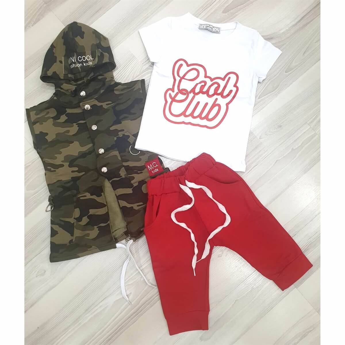 Erkek Çocuk Zincir Detaylı Kırmızı Kaprili Kamuflaj Takım-Erkek Çocuk Alt Üst Takım-QuzucukKids.com
