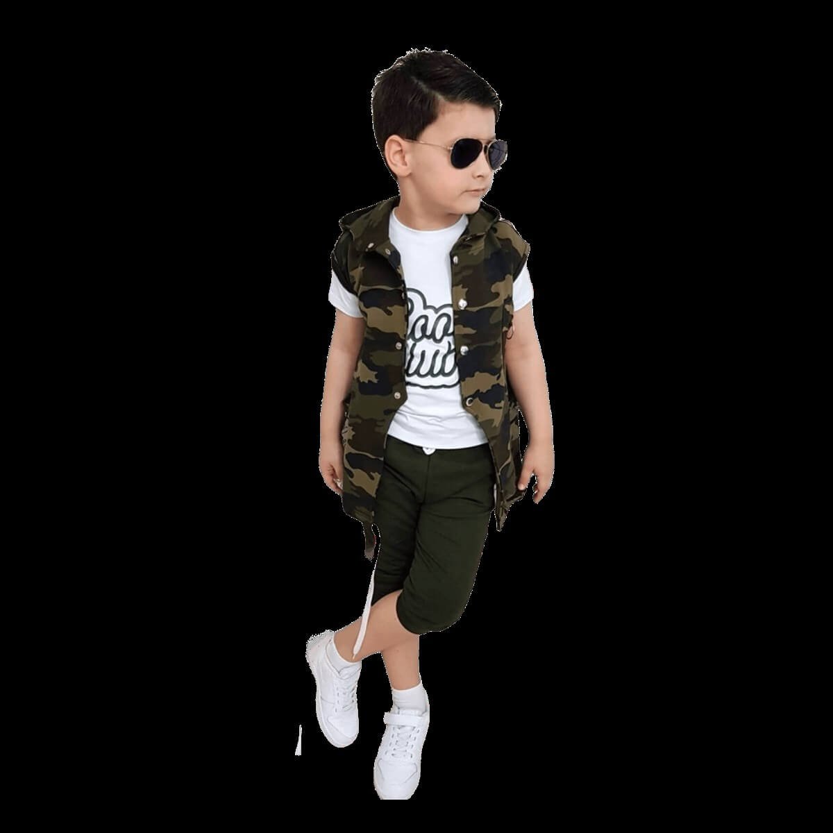 Erkek Çocuk Zincir Detaylı Yeşil Kaprili Kamuflaj Takım-Kid Boy Cloth Sets-QuzucukKids.com