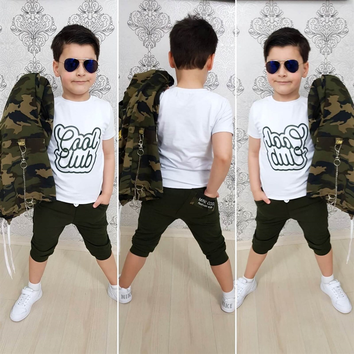 Erkek Çocuk Zincir Detaylı Yeşil Kaprili Kamuflaj Takım-Kid Boy Cloth Sets-QuzucukKids.com