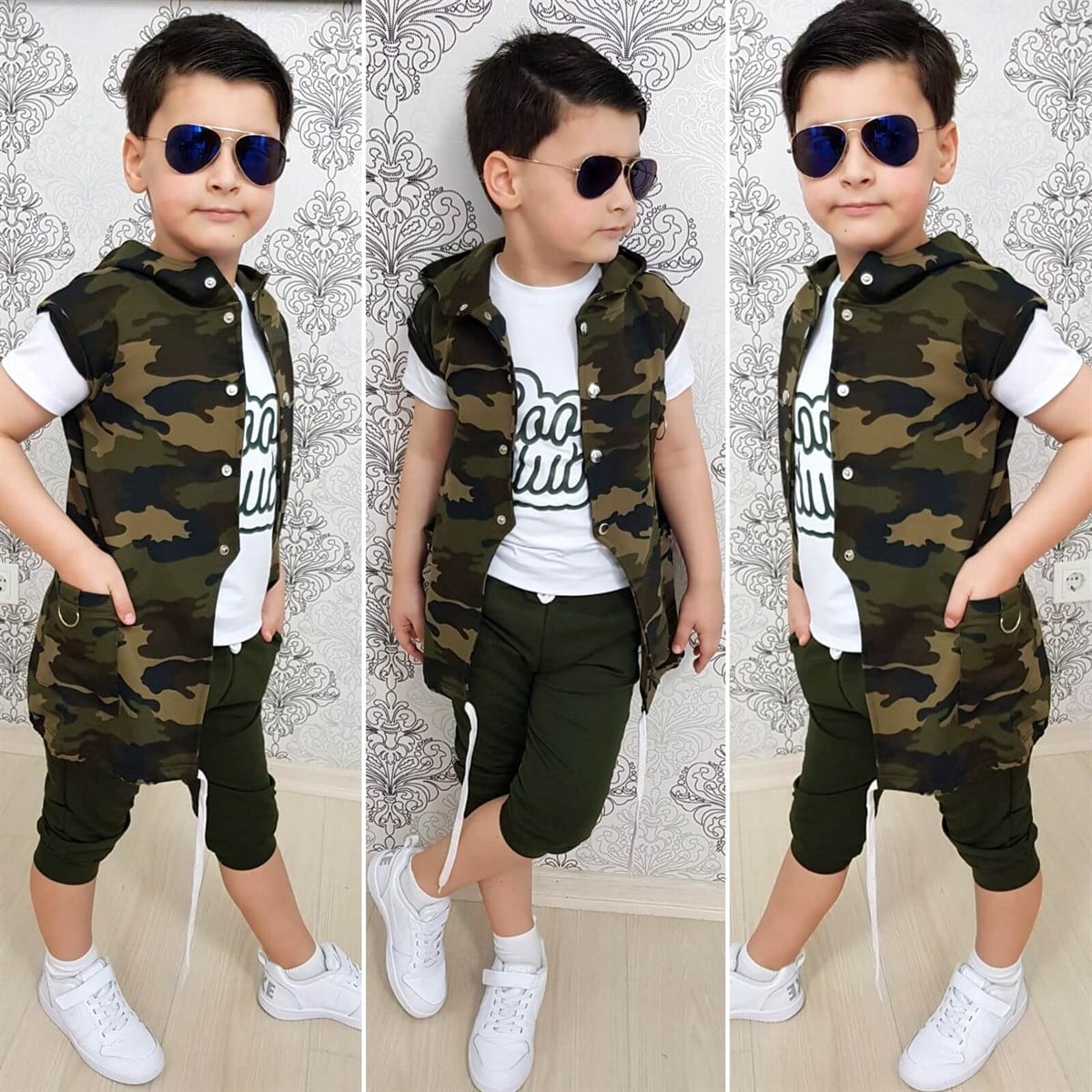 Erkek Çocuk Zincir Detaylı Yeşil Kaprili Kamuflaj Takım-Kid Boy Cloth Sets-QuzucukKids.com