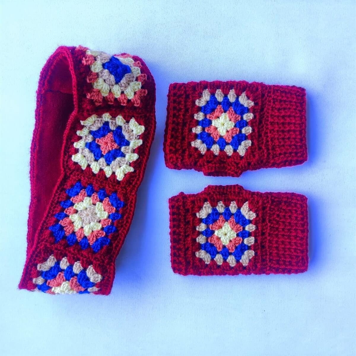 Kadın Otantik El Örgüsü Kulak Isıtıcı ve Yarım Eldiven Bordo Takım-Aksesuar-QuzucukKids.com