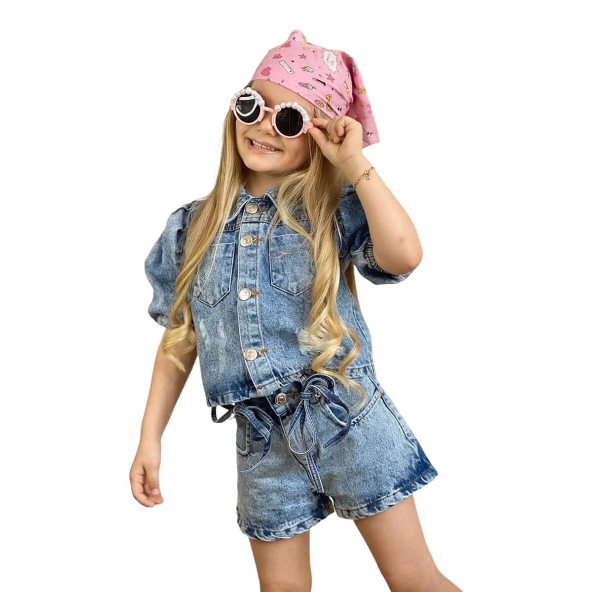 Kız Çocuk Aksesuarlı Kot Şortlu Kombin-Kız Çocuk Alt Üst Takım-QuzucukKids.com