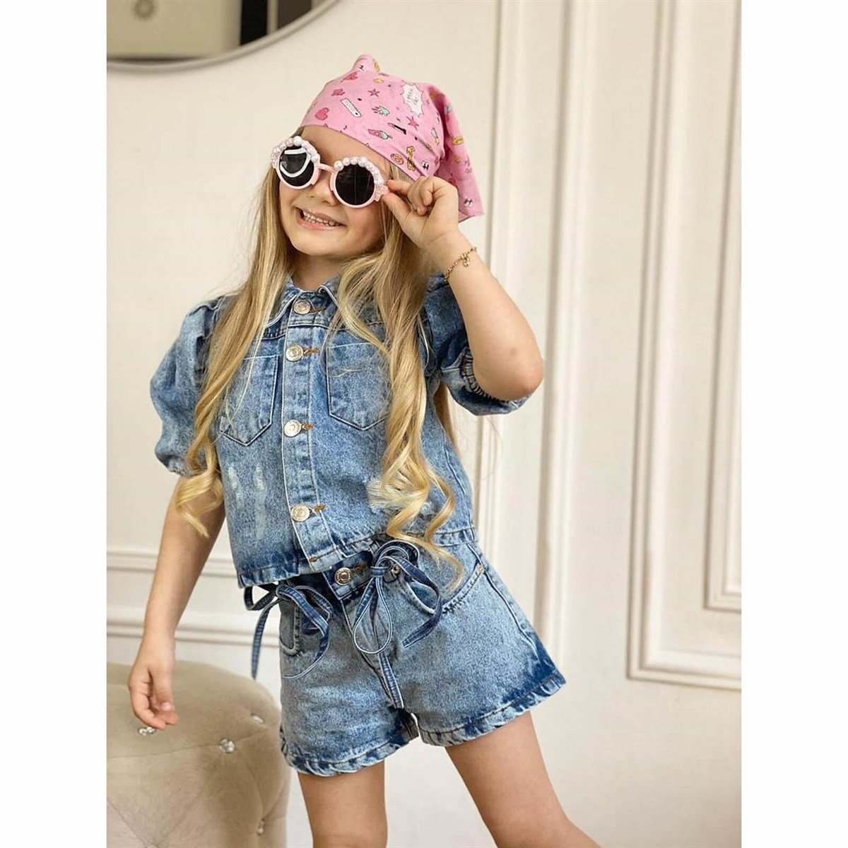 Kız Çocuk Aksesuarlı Kot Şortlu Kombin-Kız Çocuk Alt Üst Takım-QuzucukKids.com