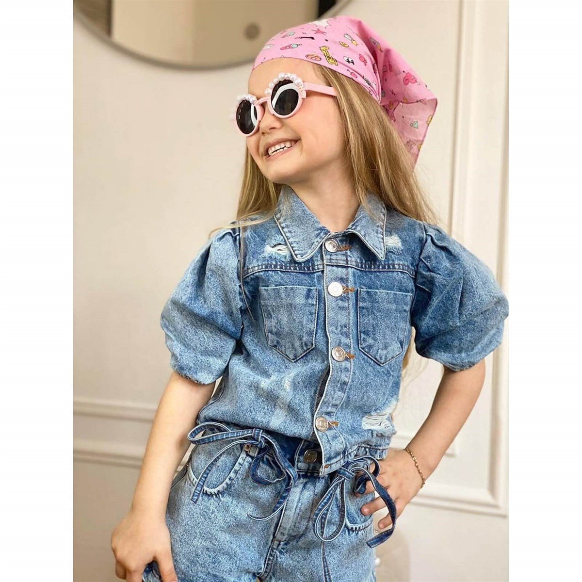 Kız Çocuk Aksesuarlı Kot Şortlu Kombin-Kız Çocuk Alt Üst Takım-QuzucukKids.com