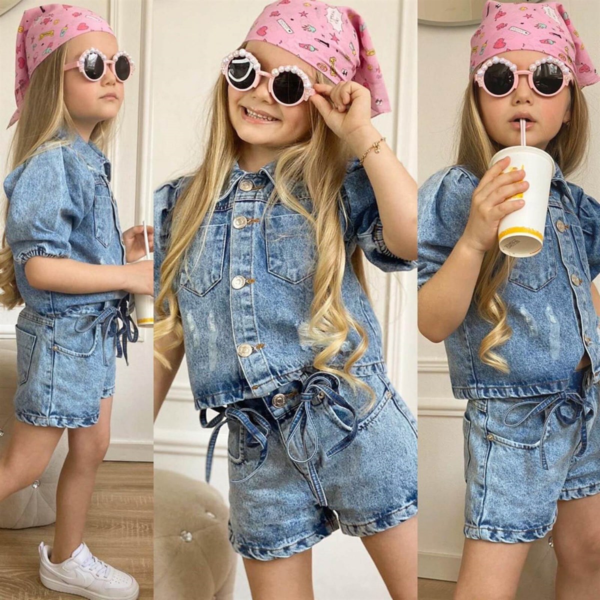 Kız Çocuk Aksesuarlı Kot Şortlu Kombin-Kız Çocuk Alt Üst Takım-QuzucukKids.com