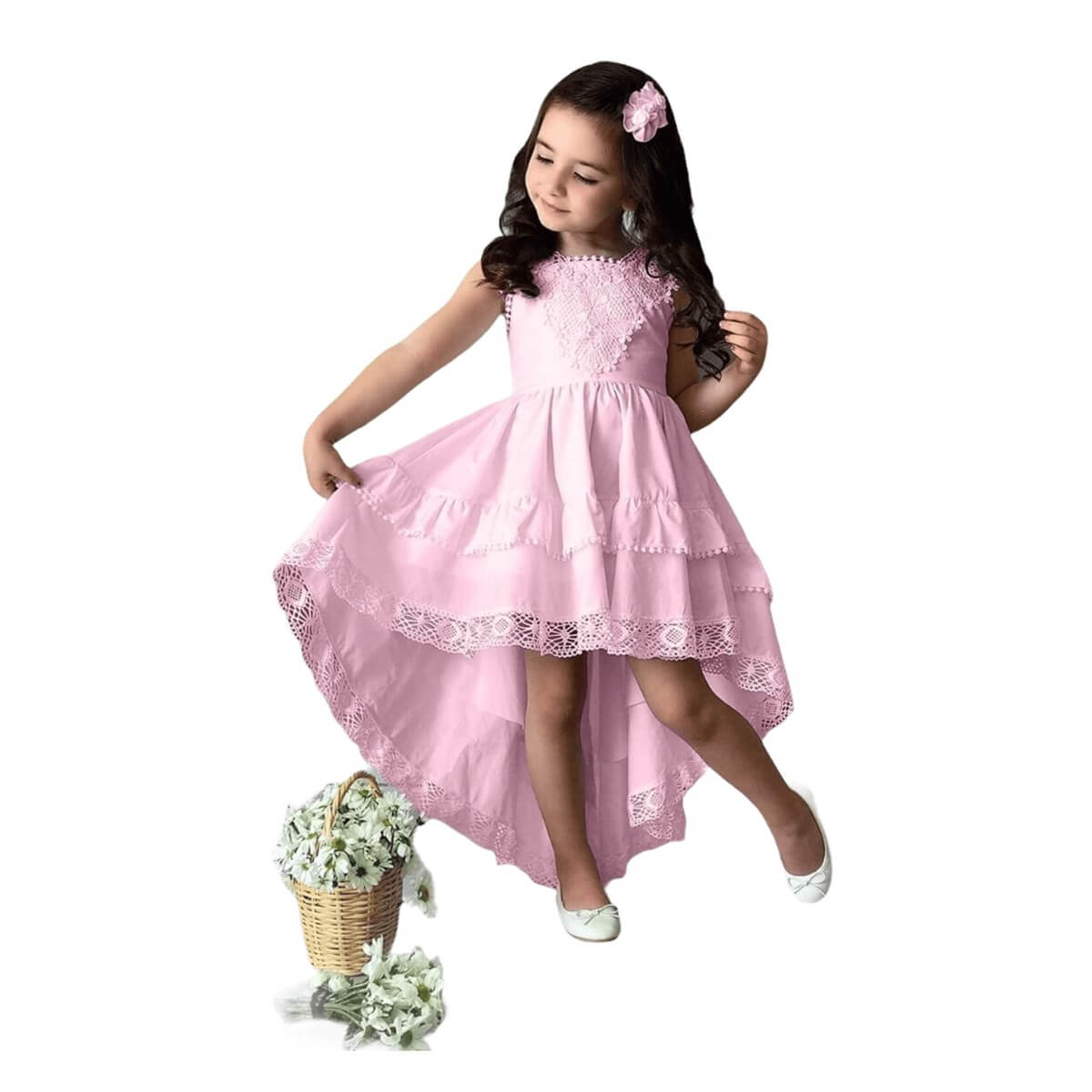 Kız Çocuk Arkası Uzun Güpürlü Elbise-Kız Çocuk Elbise-QuzucukKids.com