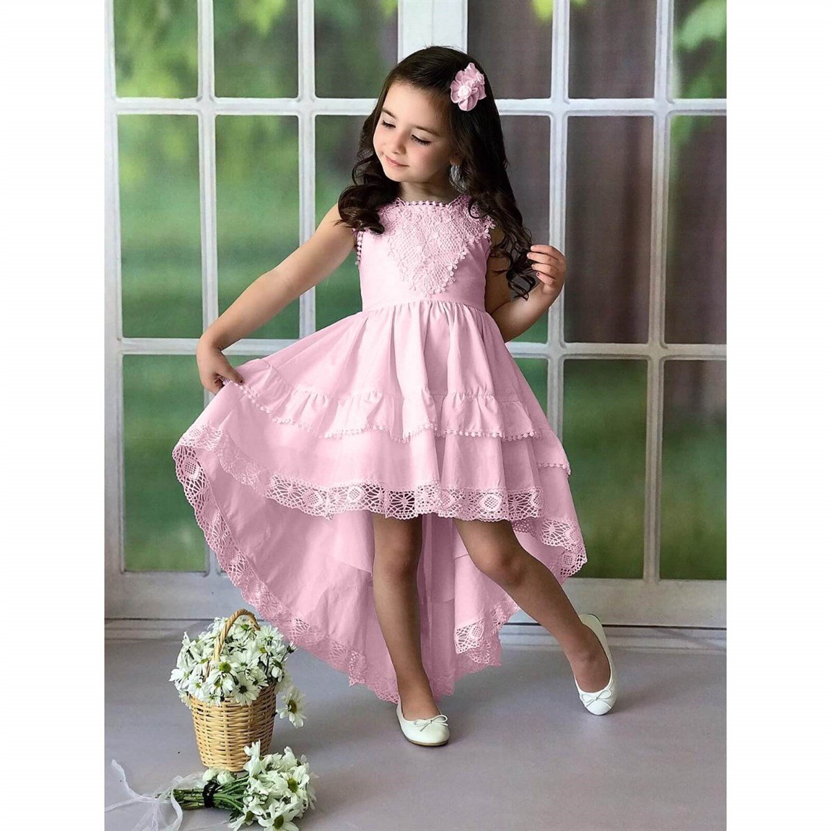 Kız Çocuk Arkası Uzun Güpürlü Elbise-Kız Çocuk Elbise-QuzucukKids.com