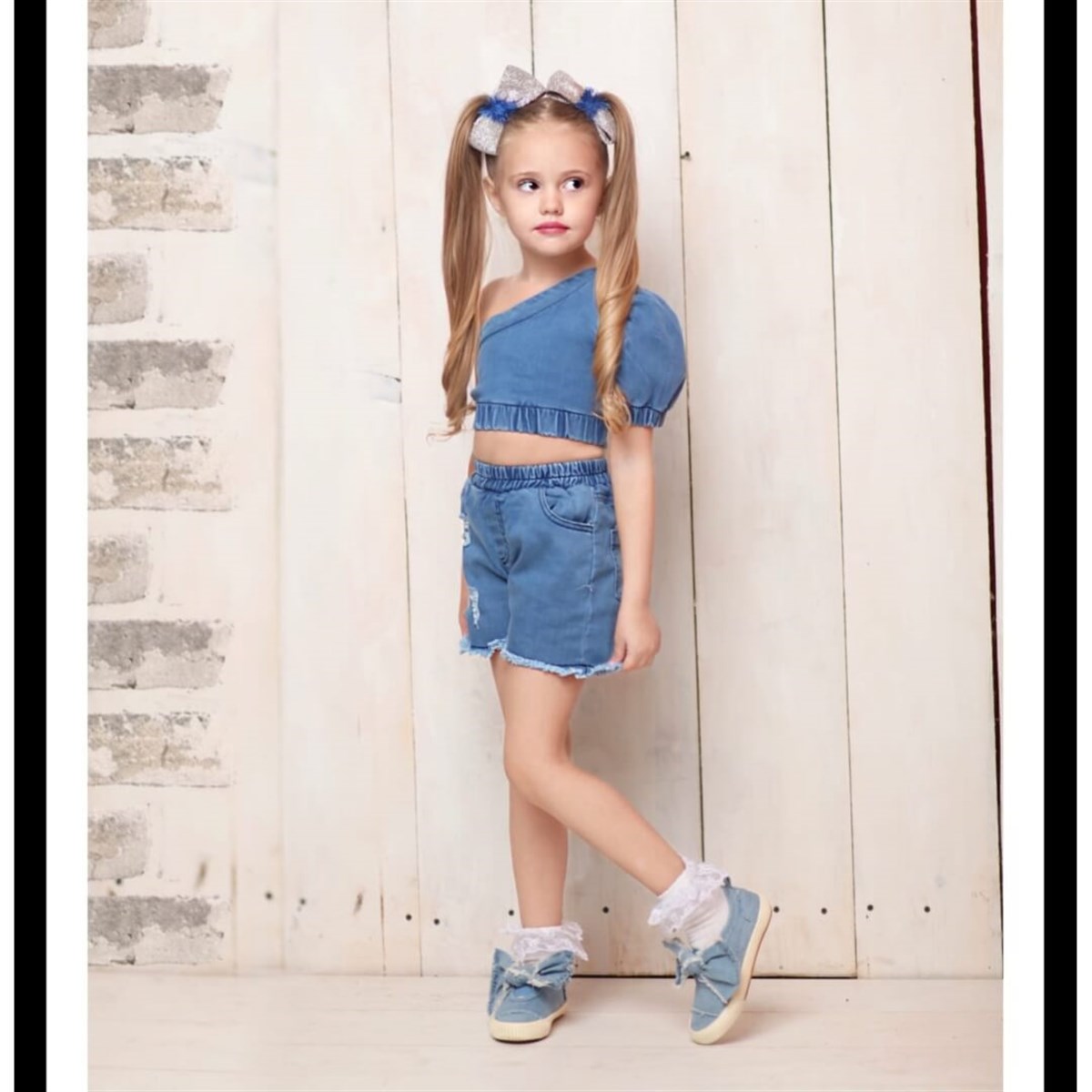 Kız Çocuk Asimetrik Bluzlu Kot Takım-Kız Çocuk Alt Üst Takım-QuzucukKids.com